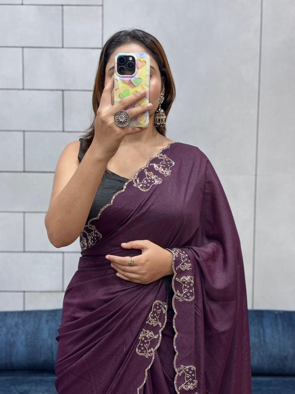 Rich Two-Tone Chocolate Diamond Cut Work Saree