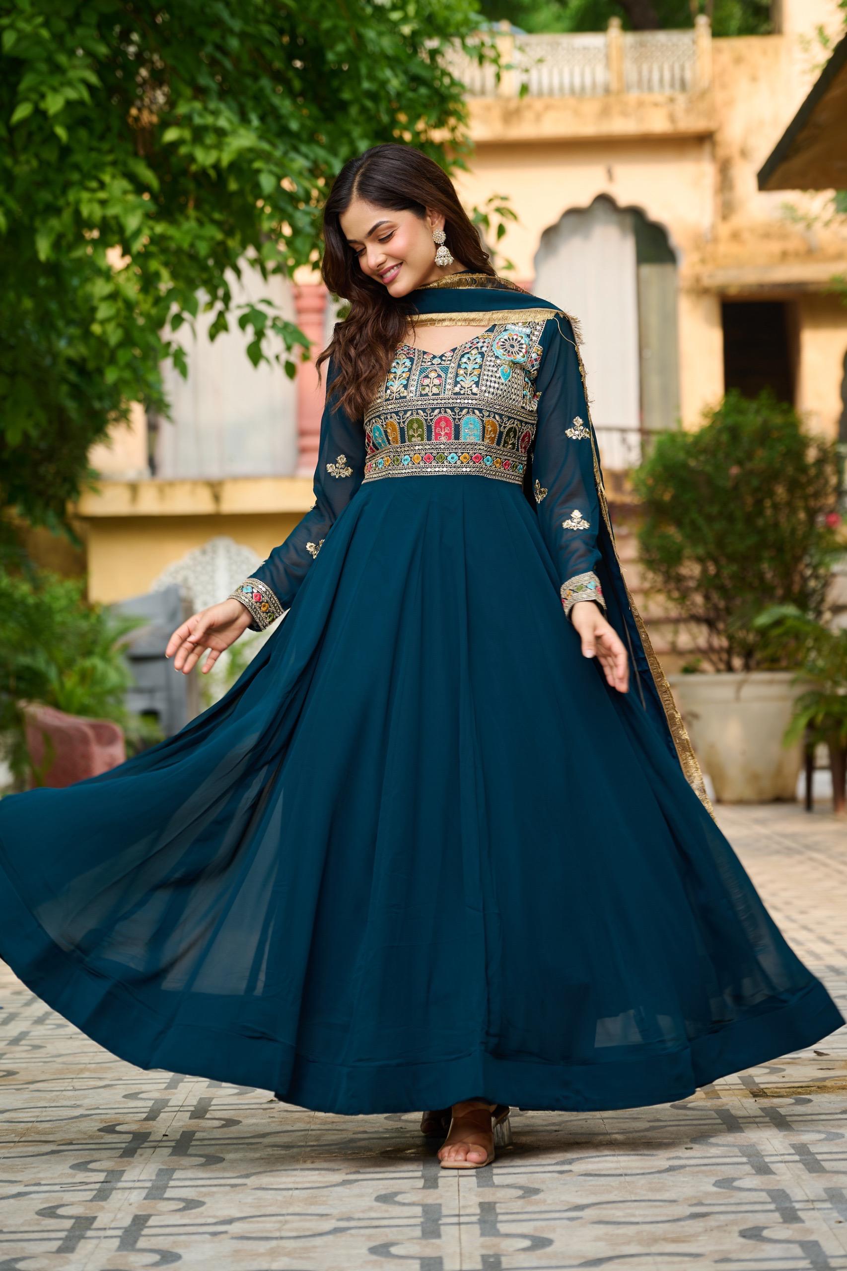 Thread Embroidered Gown with Zari Lace Dupatta