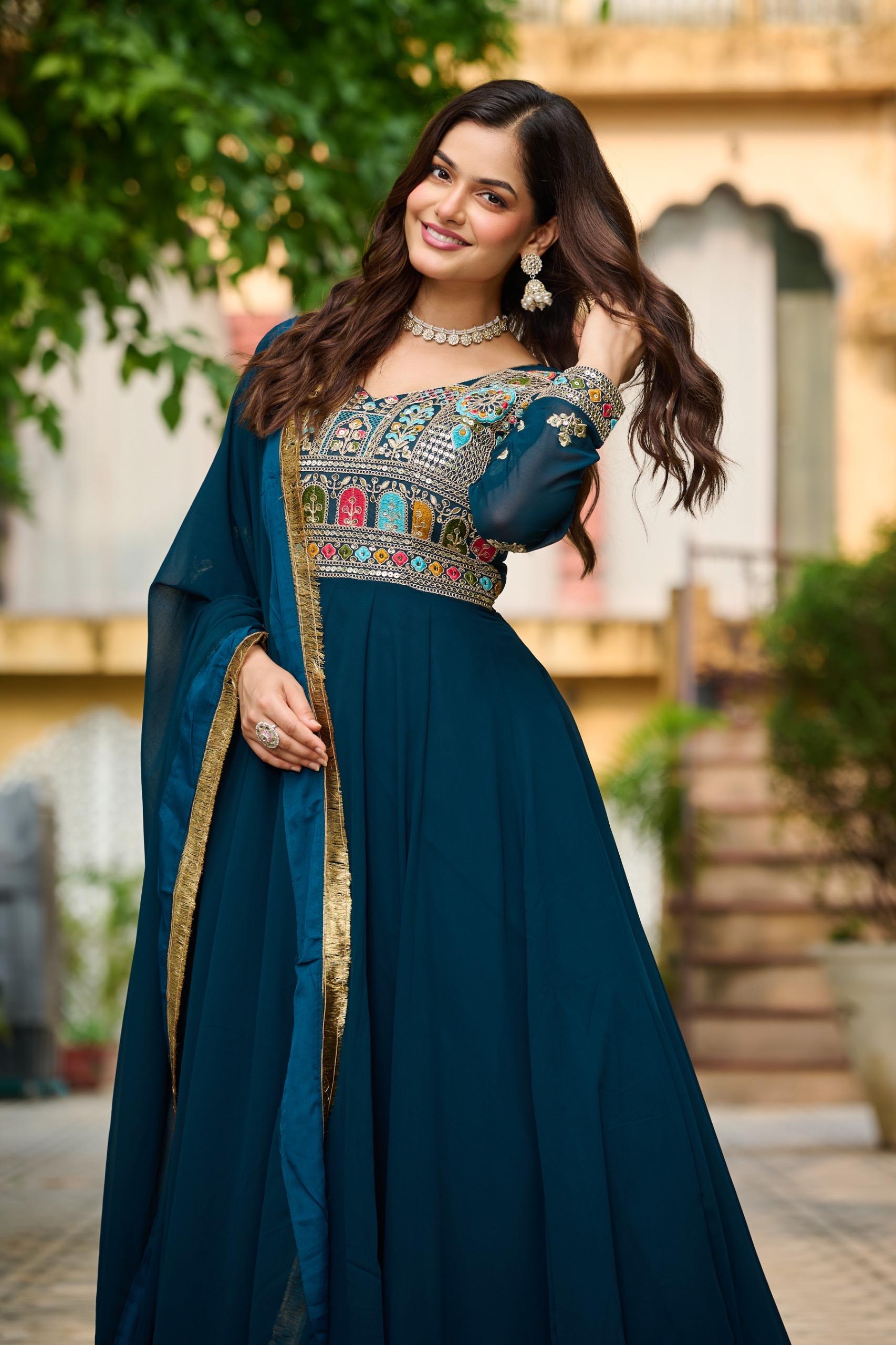 Thread Embroidered Gown with Zari Lace Dupatta