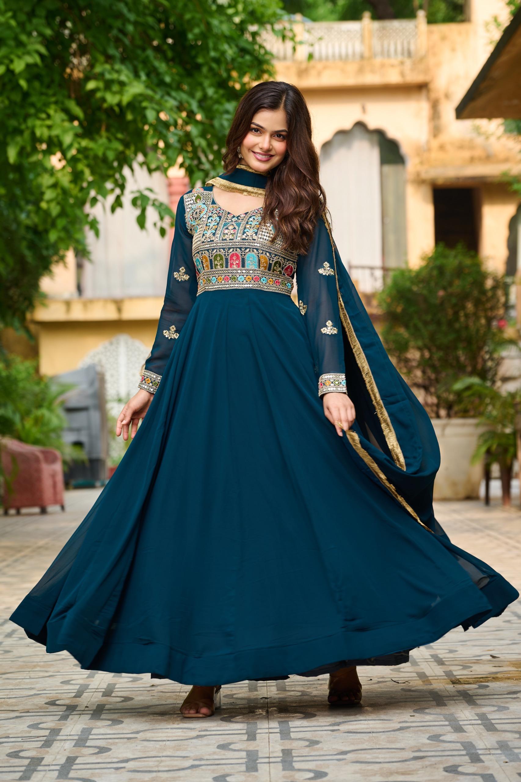 Thread Embroidered Gown with Zari Lace Dupatta