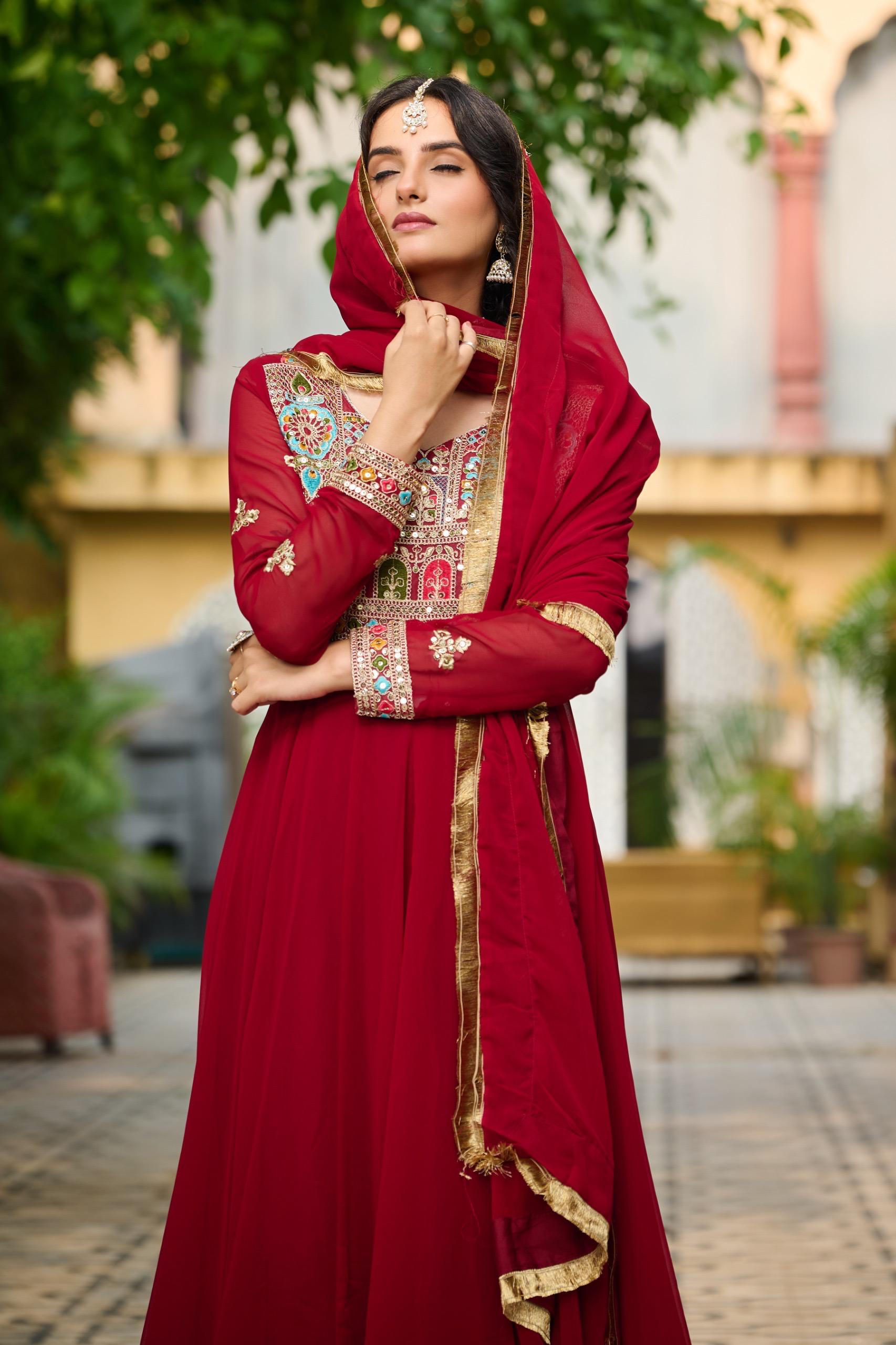 Thread Embroidered Gown with Zari Lace Dupatta