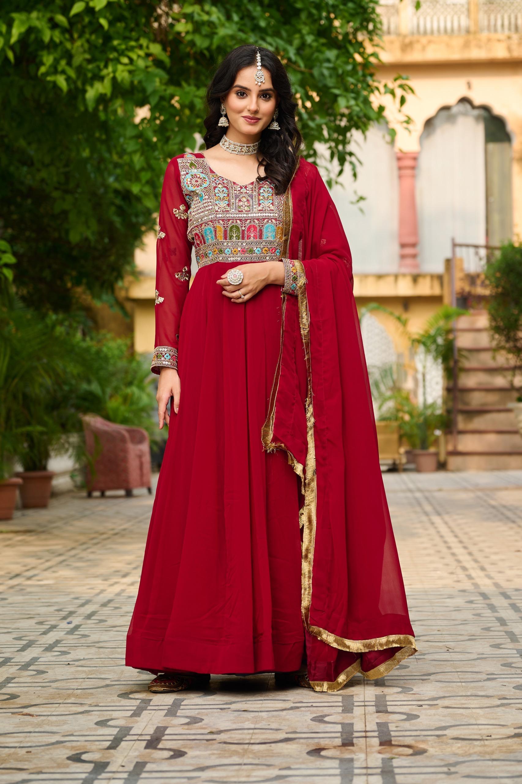 Thread Embroidered Gown with Zari Lace Dupatta
