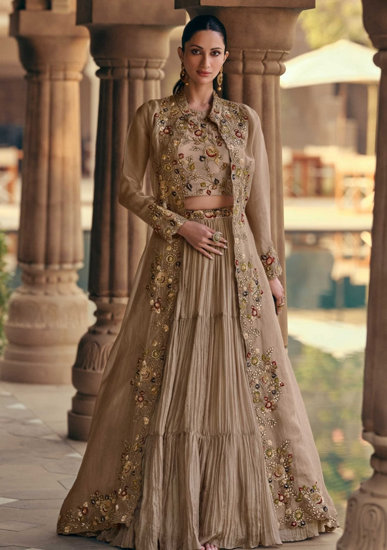 Fawn Embroidered Chinon Silk Lehenga Set