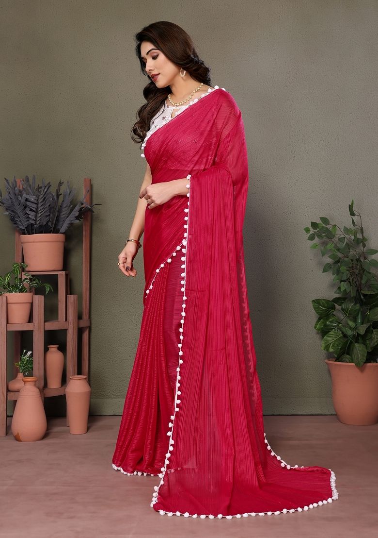 Pink Embroidered Litchi Silk Saree Set