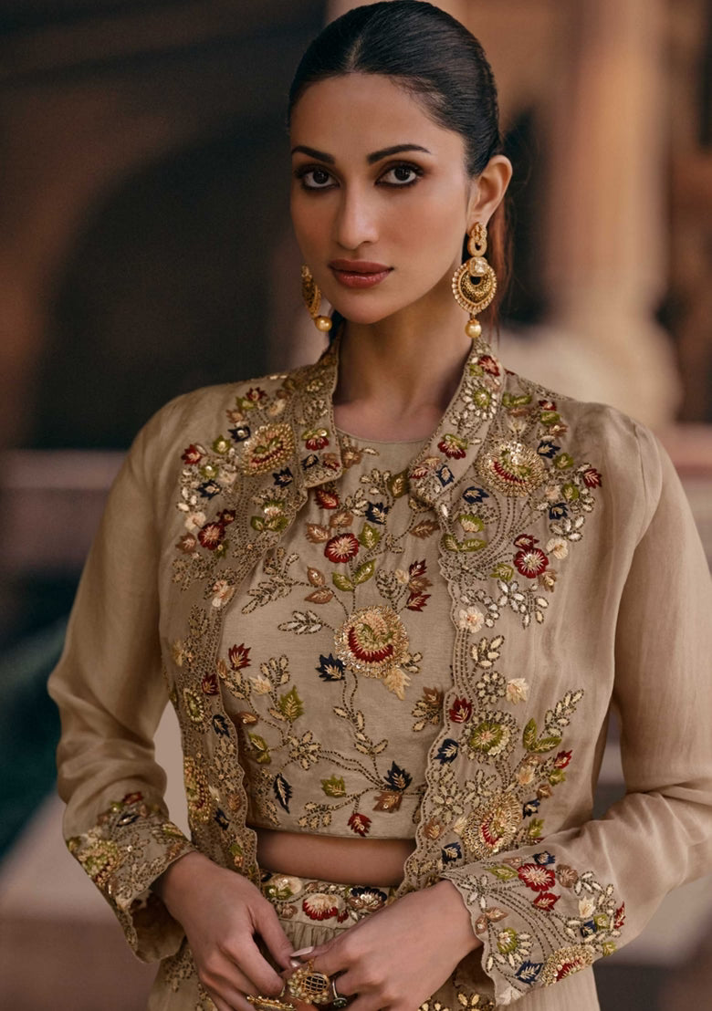 Fawn Embroidered Chinon Silk Lehenga Set