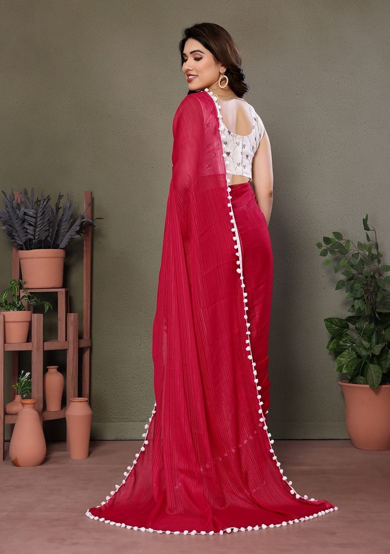 Pink Embroidered Litchi Silk Saree Set