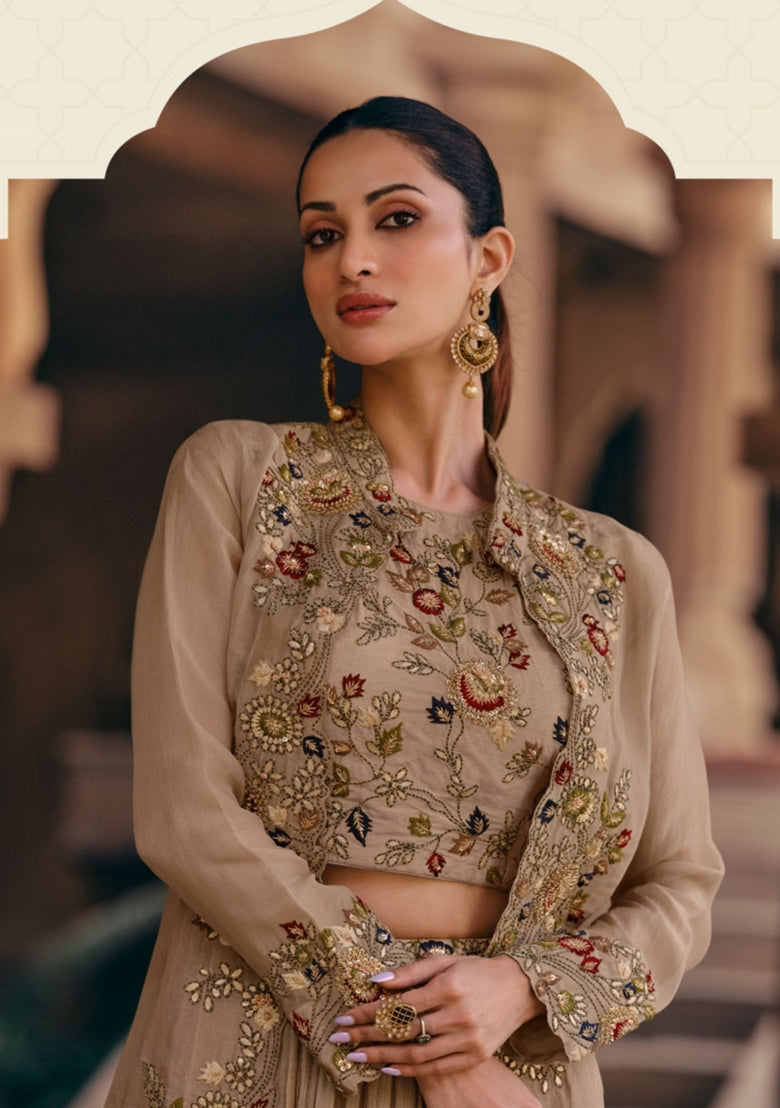 Fawn Embroidered Chinon Silk Lehenga Set