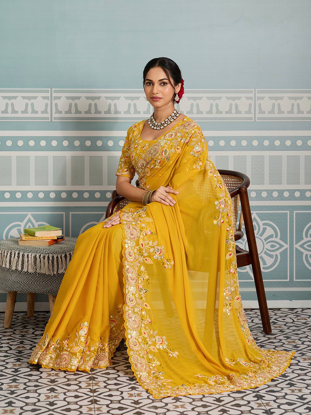 Yellow Party Wear Soft Star Georgette Saree