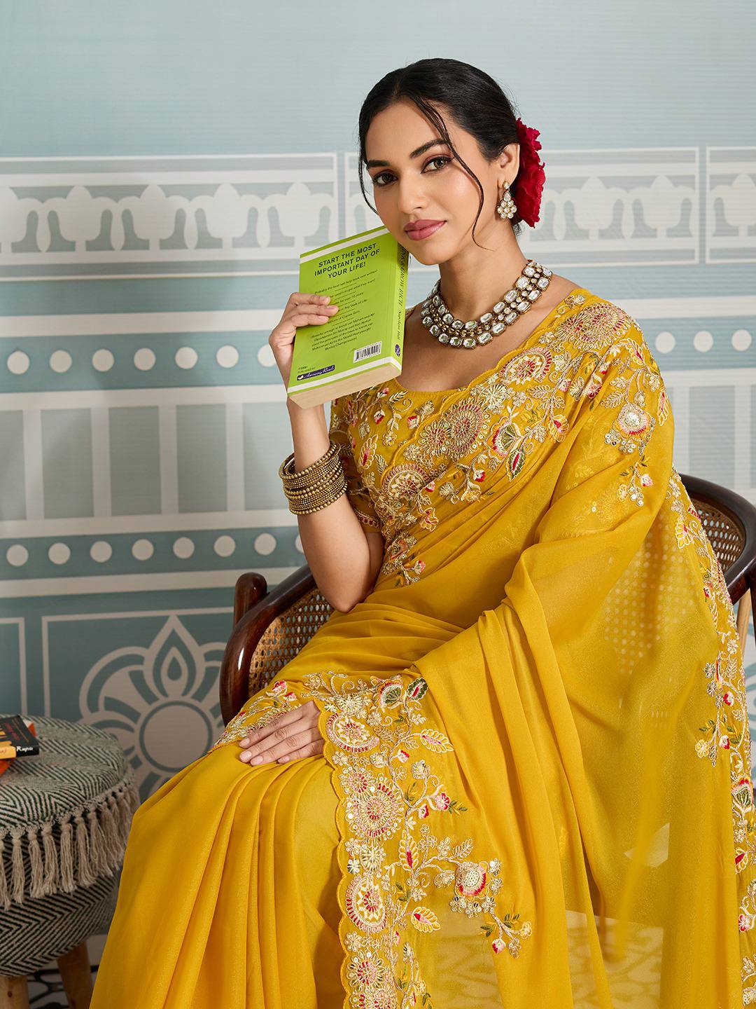 Yellow Party Wear Soft Star Georgette Saree