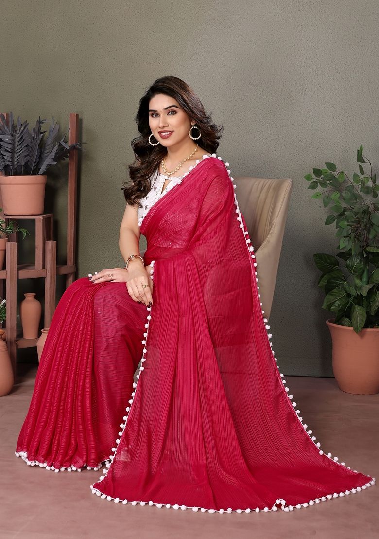 Pink Embroidered Litchi Silk Saree Set