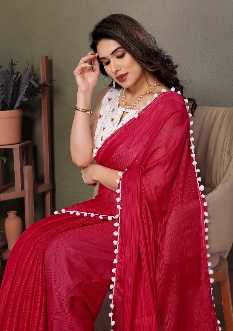 Pink Embroidered Litchi Silk Saree Set
