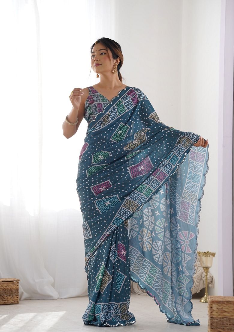 Fancy Georgette Silk Printed With Mirror Work Saree