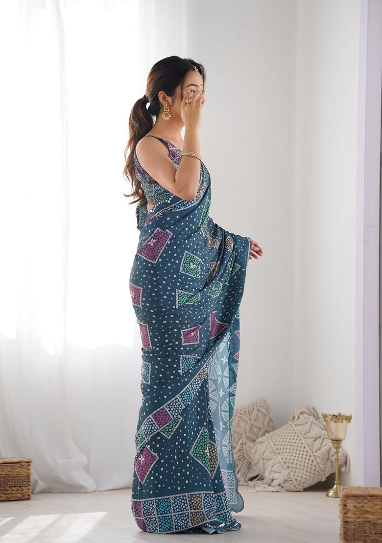 Fancy Georgette Silk Printed With Mirror Work Saree