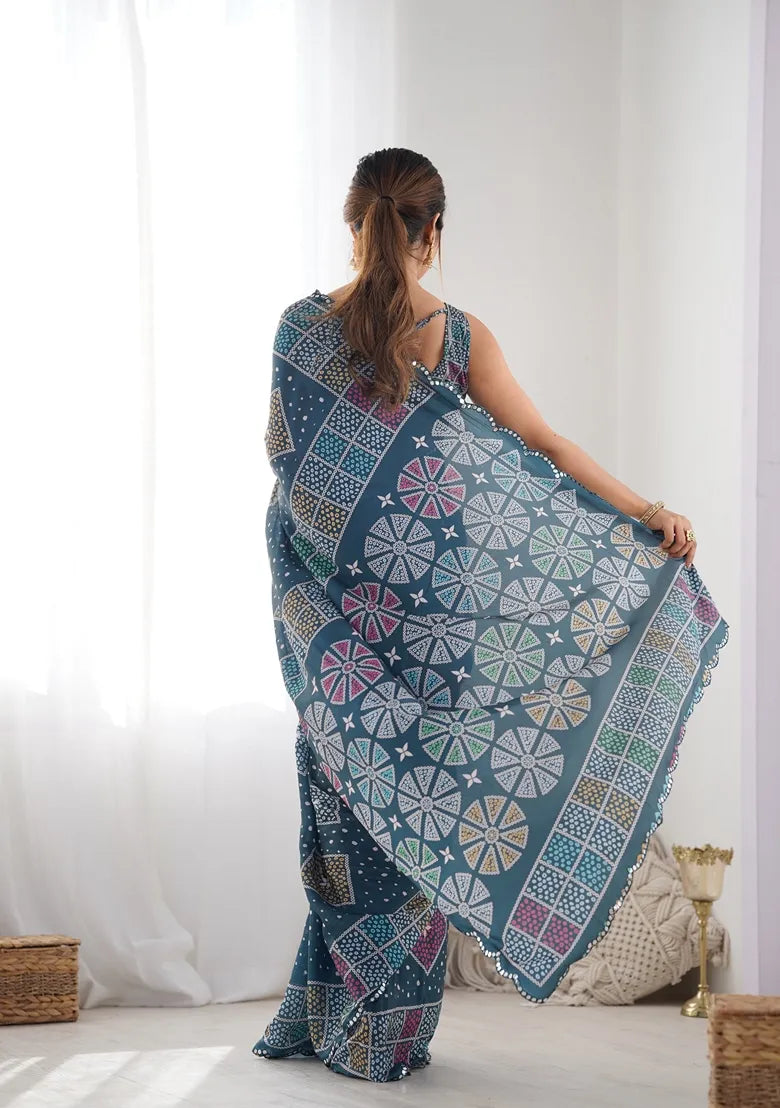 Fancy Georgette Silk Printed With Mirror Work Saree