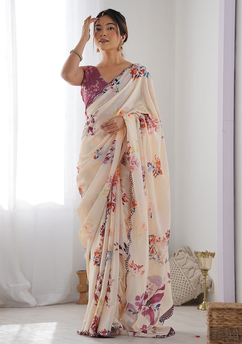 Floral Printed Embroidered Mirror Work Saree