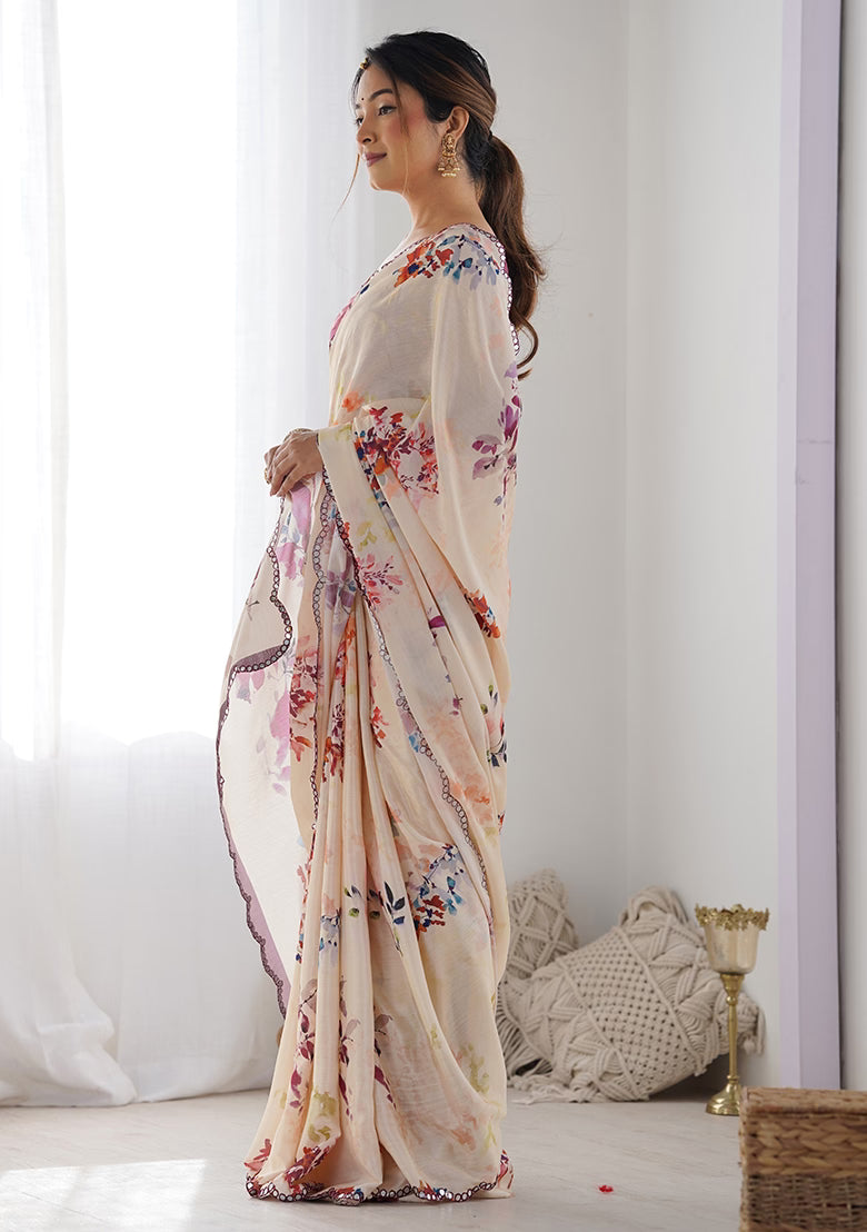 Floral Printed Embroidered Mirror Work Saree