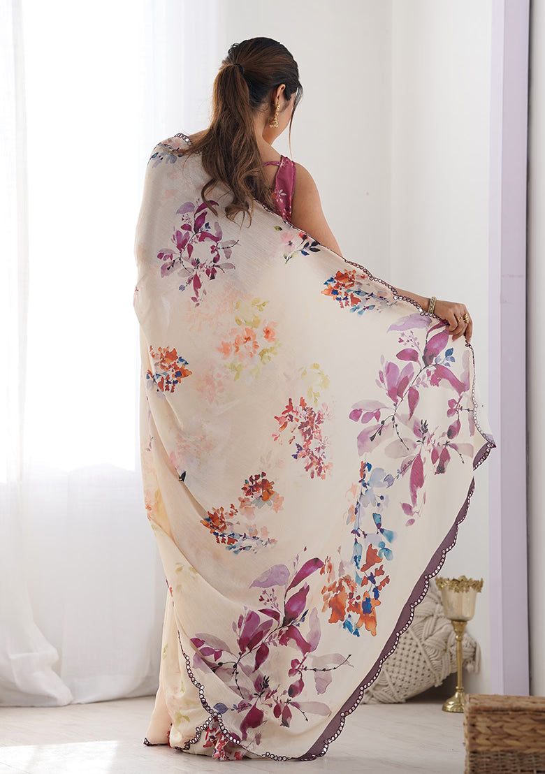 Floral Printed Embroidered Mirror Work Saree