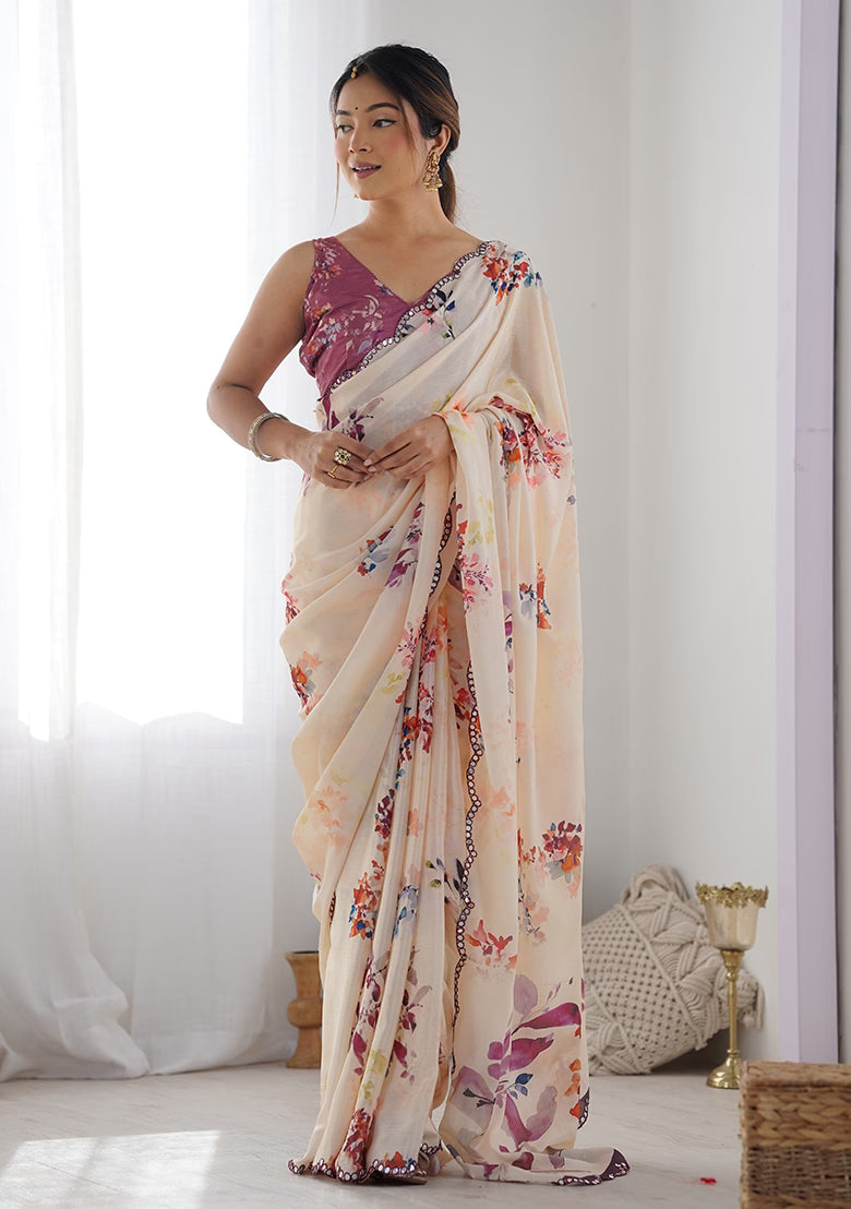 Floral Printed Embroidered Mirror Work Saree