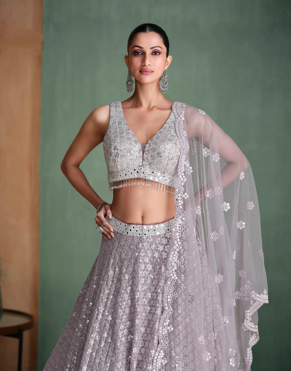 Silver Grey Sequined Georgette Lehenga with Modern Embroidery