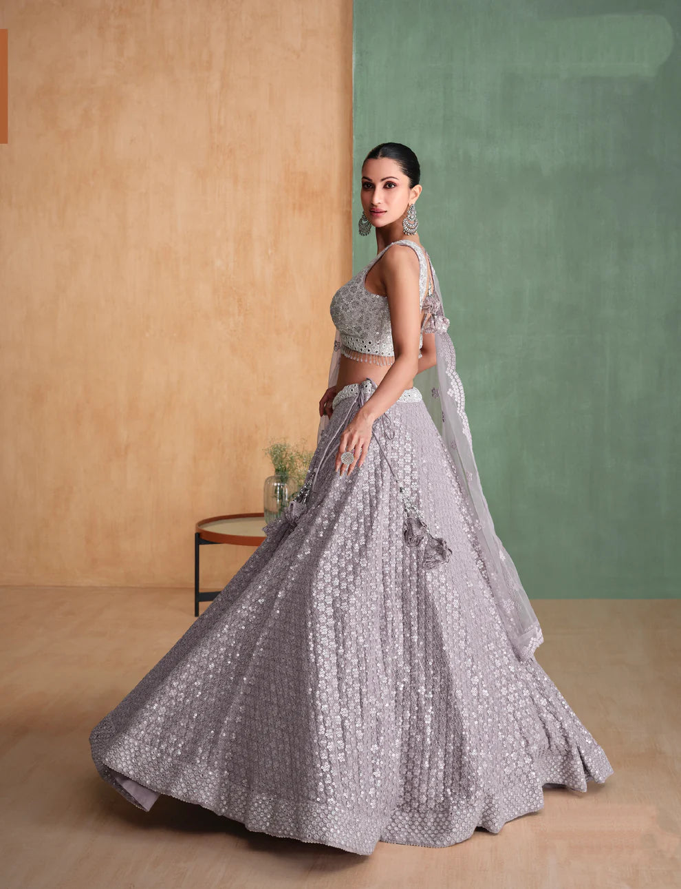 Silver Grey Sequined Georgette Lehenga with Modern Embroidery