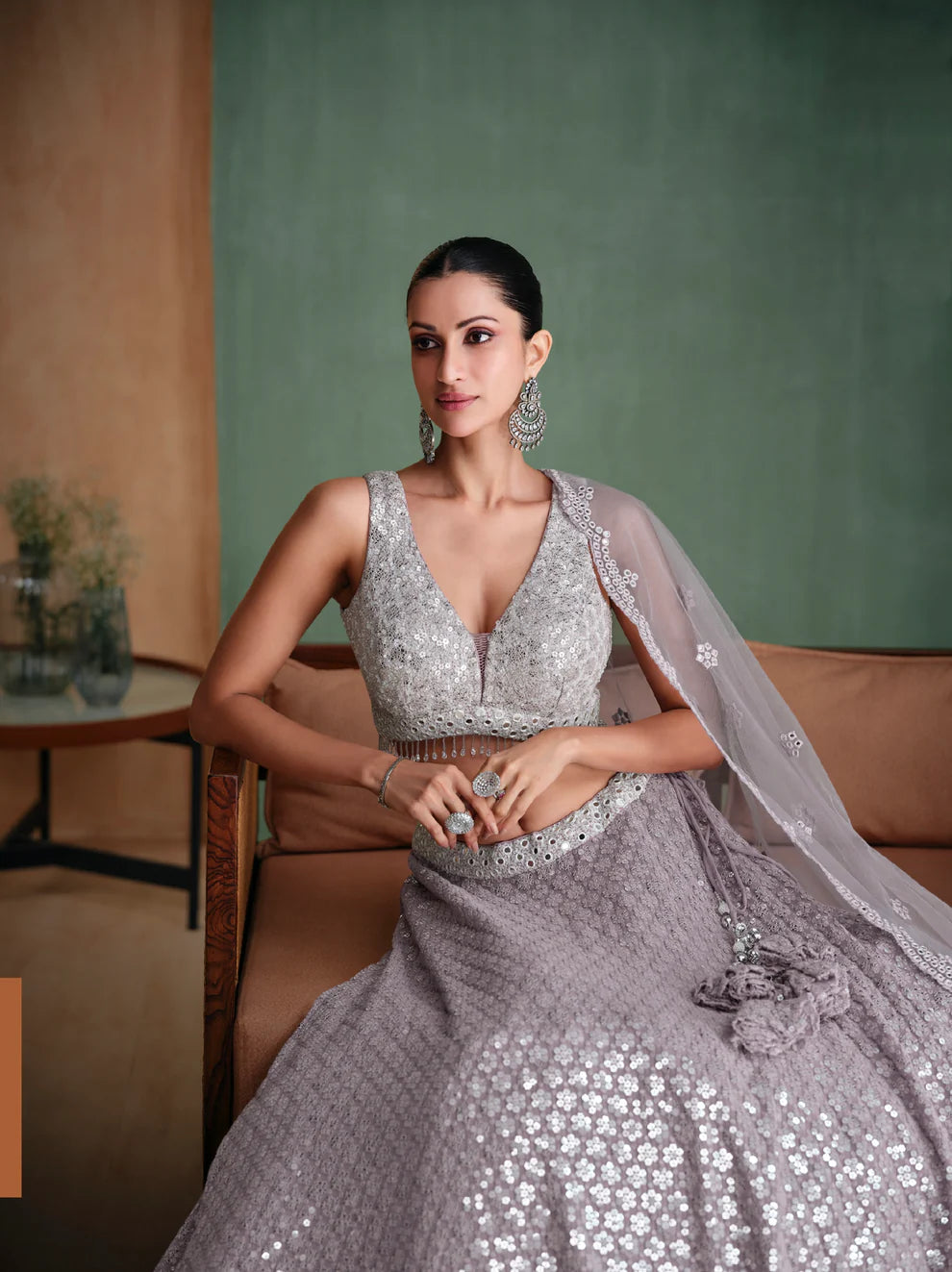 Silver Grey Sequined Georgette Lehenga with Modern Embroidery