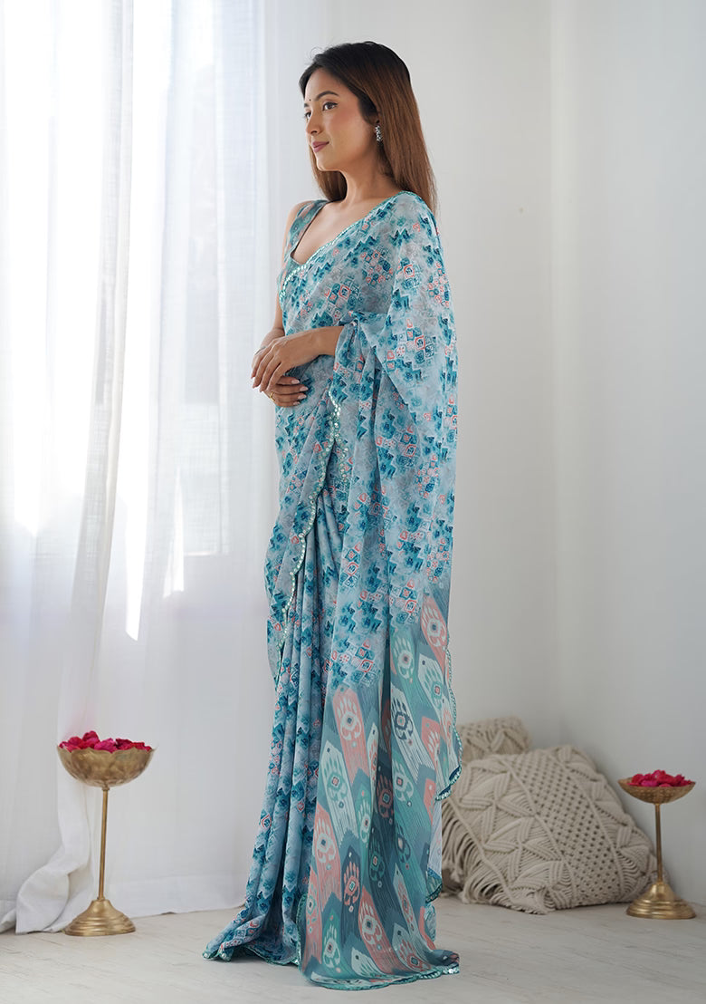 Light Blue Georgette Silk with Mirror Work Border Saree