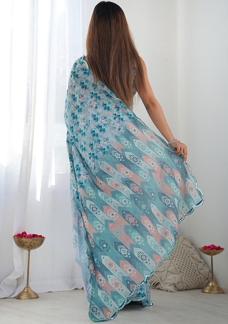 Light Blue Georgette Silk with Mirror Work Border Saree