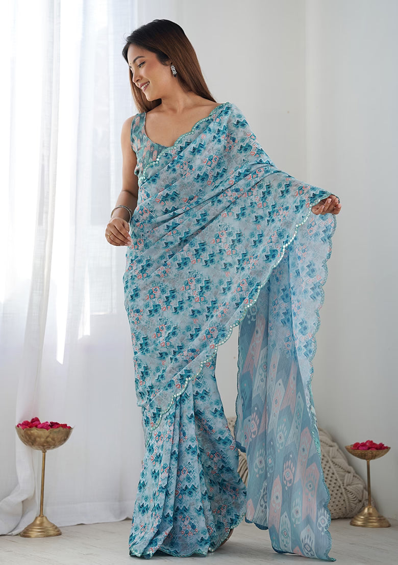 Light Blue Georgette Silk with Mirror Work Border Saree