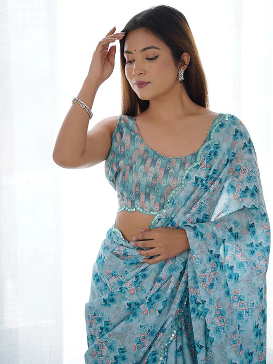 Light Blue Georgette Silk with Mirror Work Border Saree