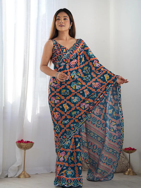 Multicolor Chinon Printed Designer Saree