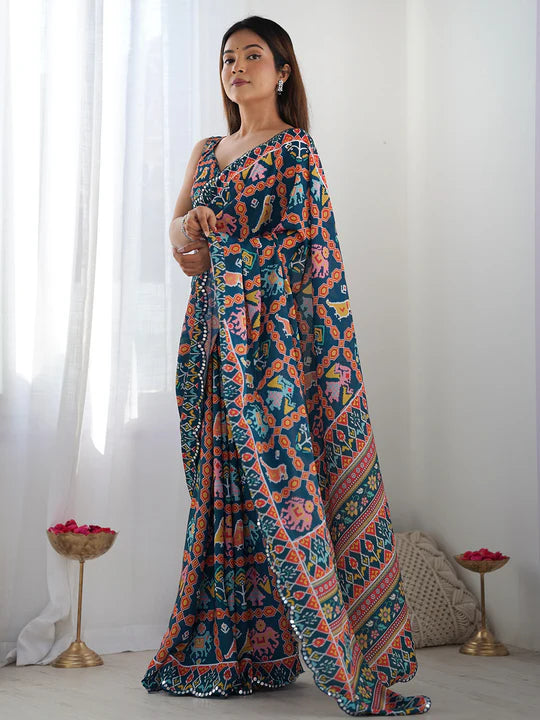 Multicolor Chinon Printed Designer Saree