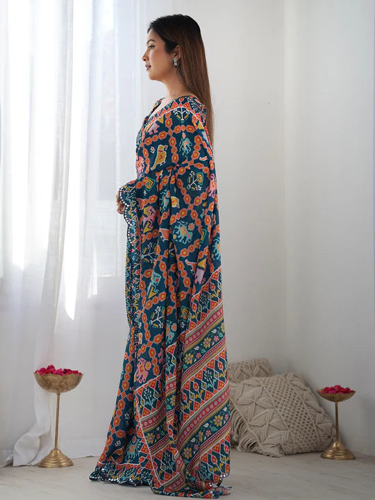 Multicolor Chinon Printed Designer Saree