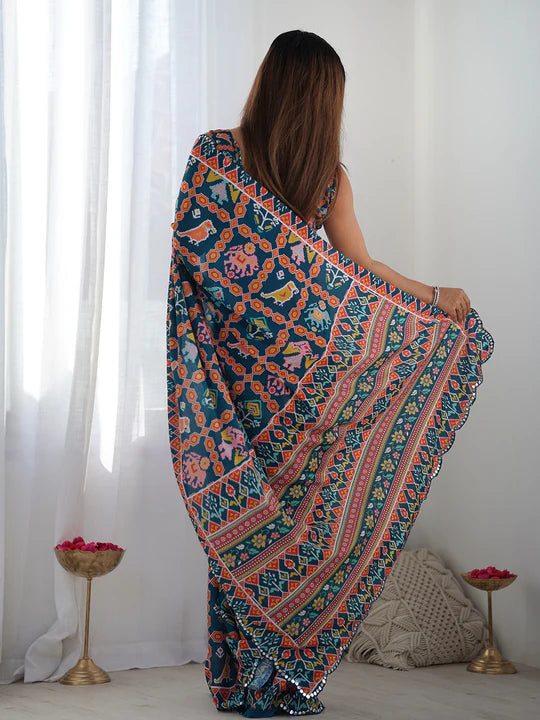 Multicolor Chinon Printed Designer Saree