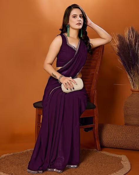 Purple embroidered georgette designer saree with blouse