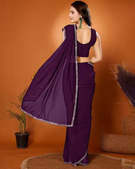 Purple embroidered georgette designer saree with blouse