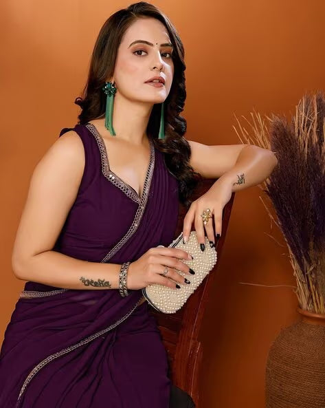 Purple embroidered georgette designer saree with blouse