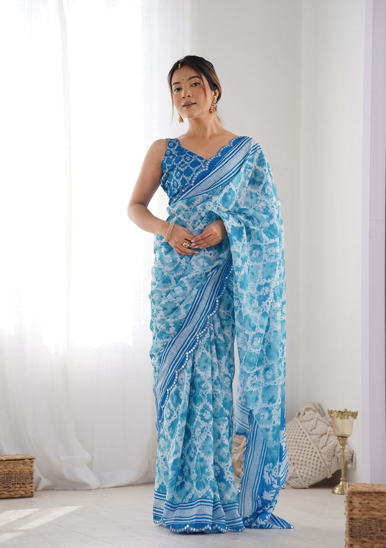 Sky Blue Mirror Work Saree