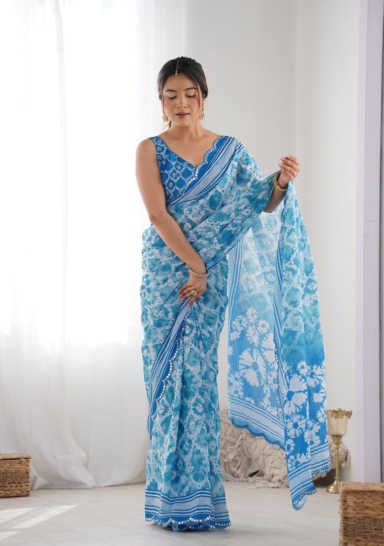 Sky Blue Mirror Work Saree