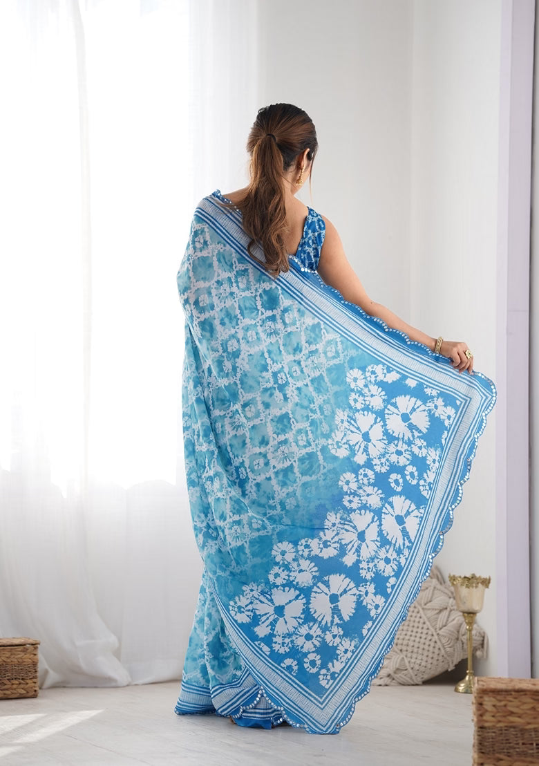 Sky Blue Mirror Work Saree
