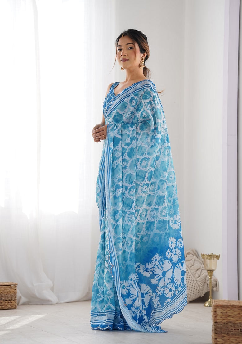 Sky Blue Mirror Work Saree