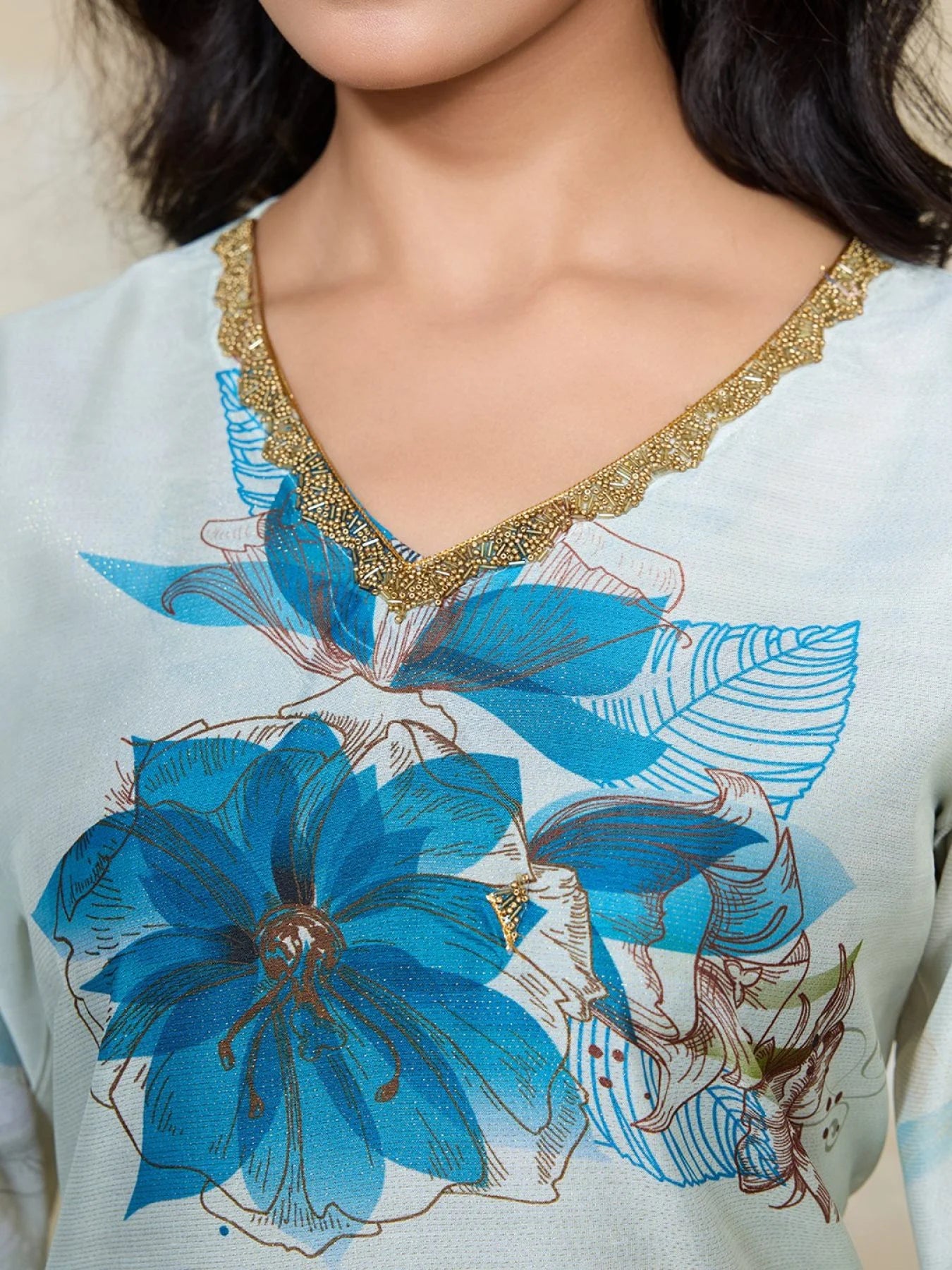 Sky Blue Muslin Silk Floral Digital Print Kurta with Pant