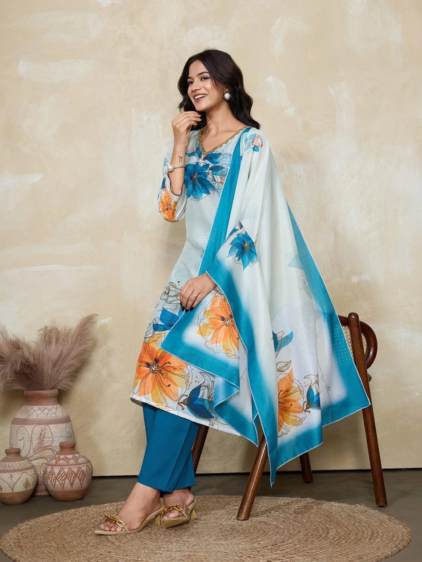 Sky Blue Muslin Silk Floral Digital Print Kurta with Pant