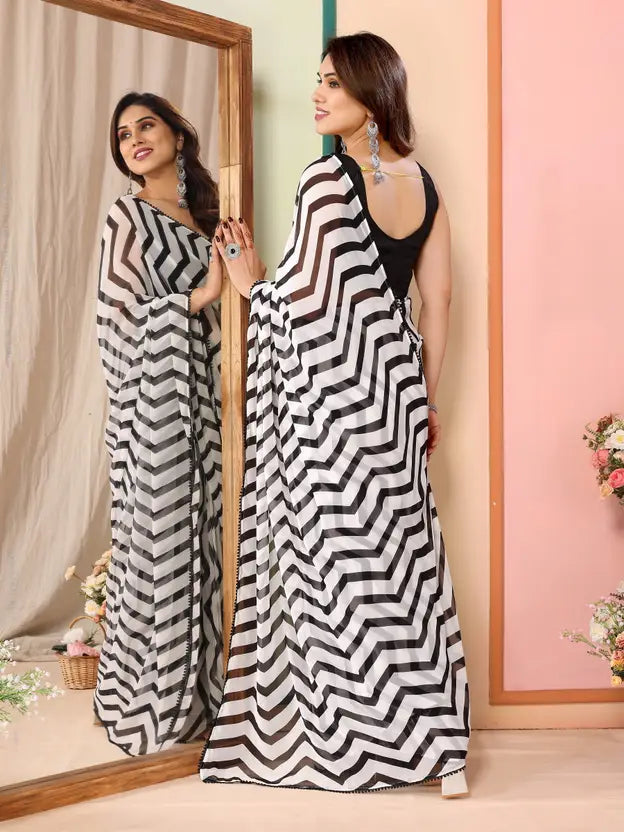 Women's latest design black and white colour georgette printed saree