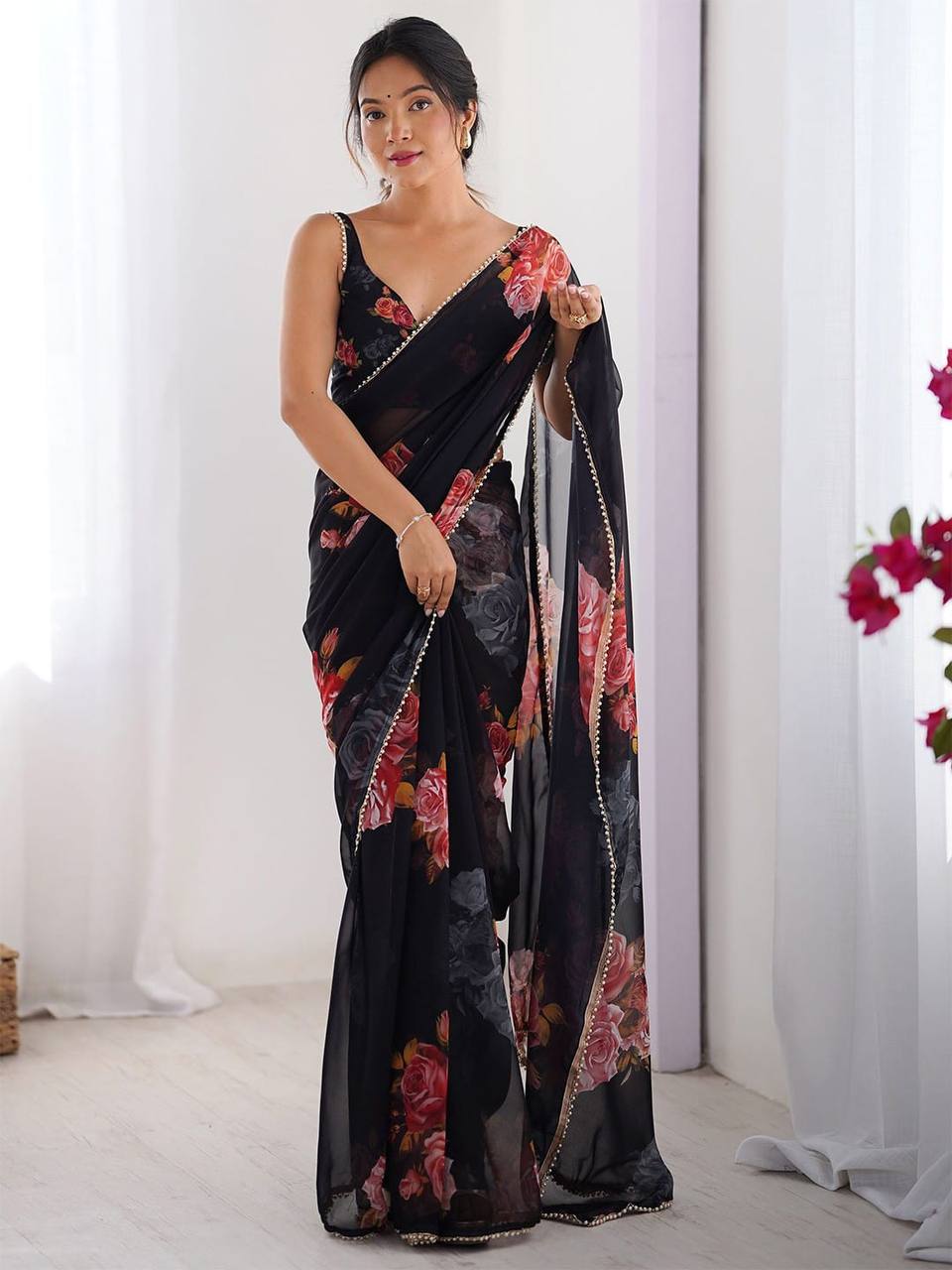 Floral Beads and Stones Pure Chiffon Saree