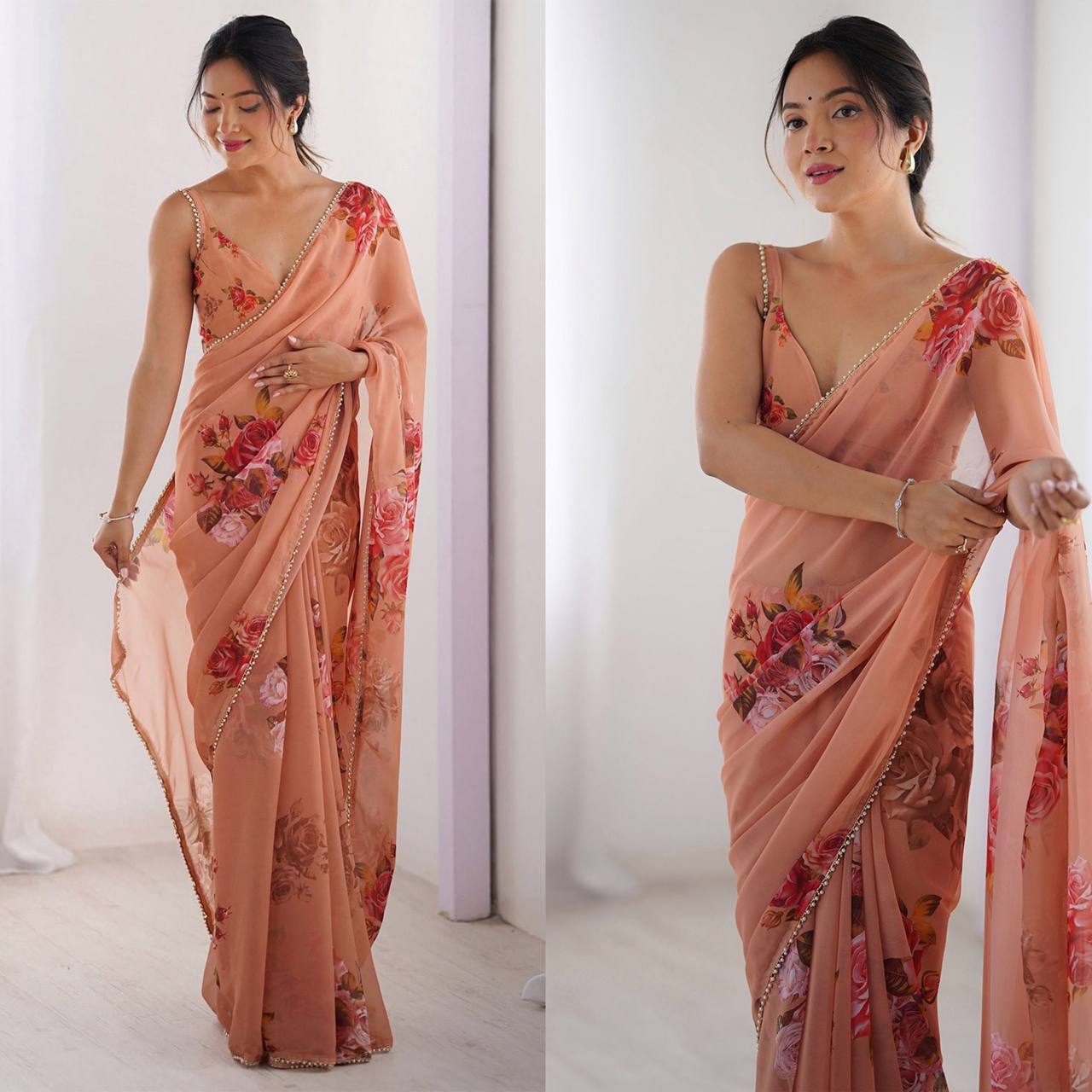 Floral Beads and Stones Pure Chiffon Saree