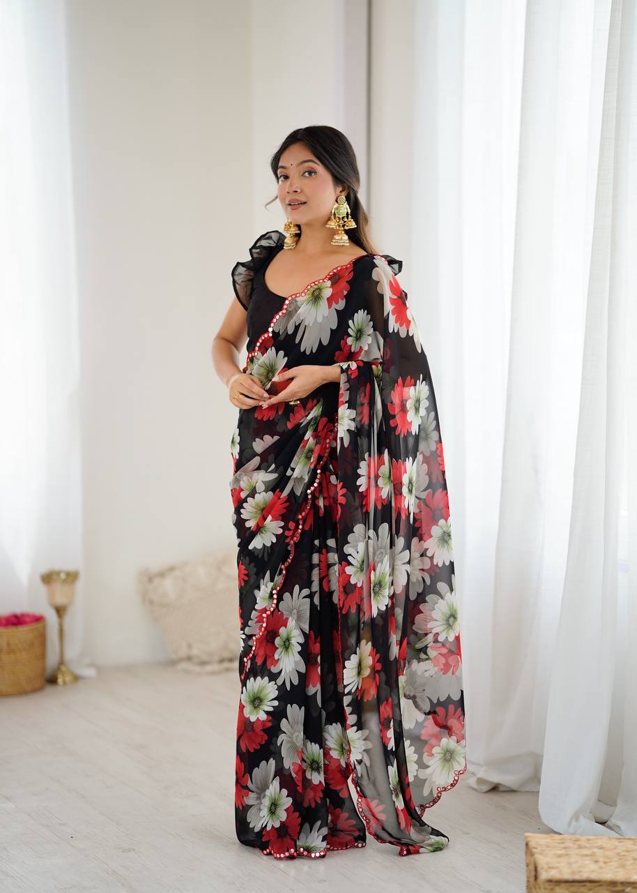 Floral Print Georgette Saree – Multicolor Elegance