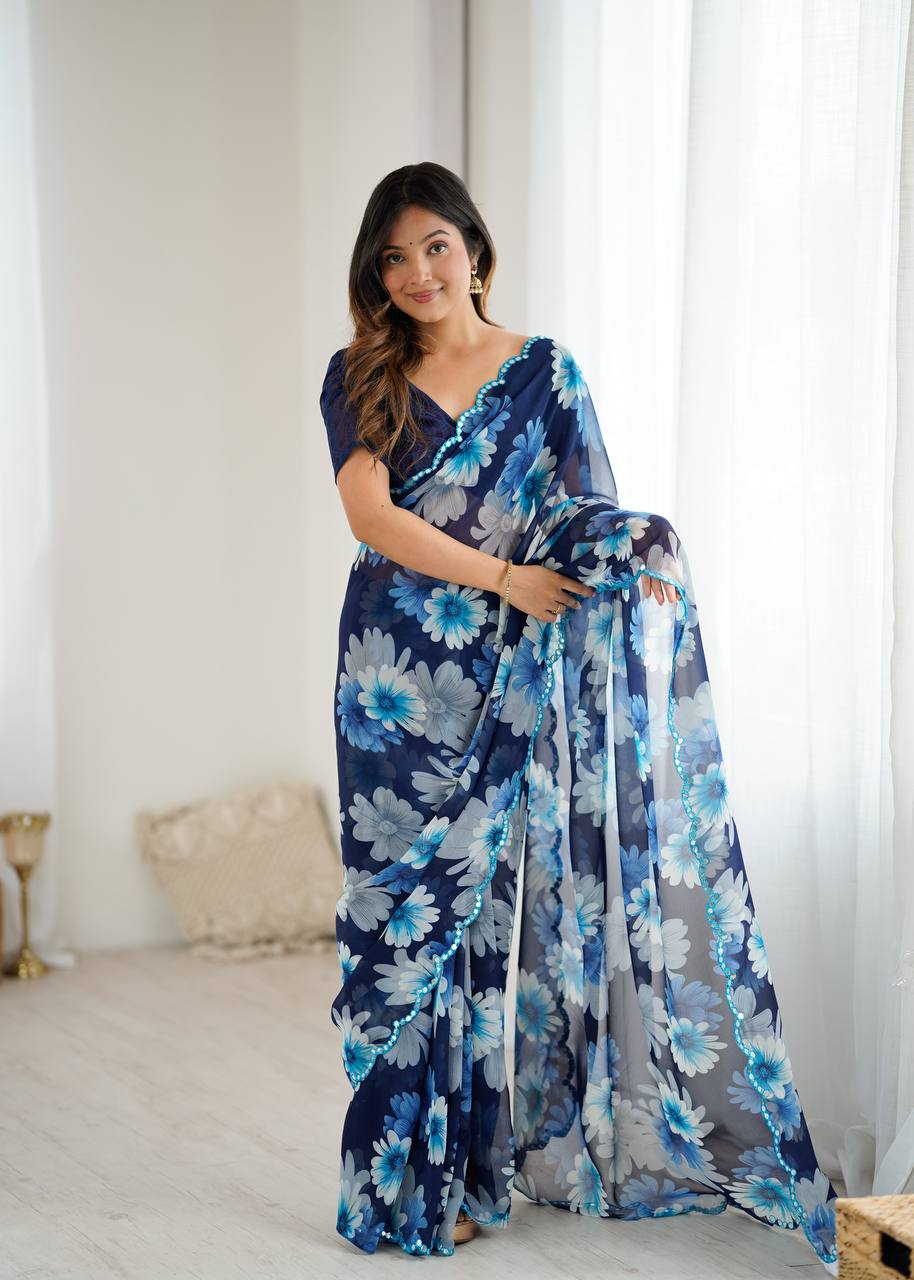 Floral Print Georgette Saree – Multicolor Elegance