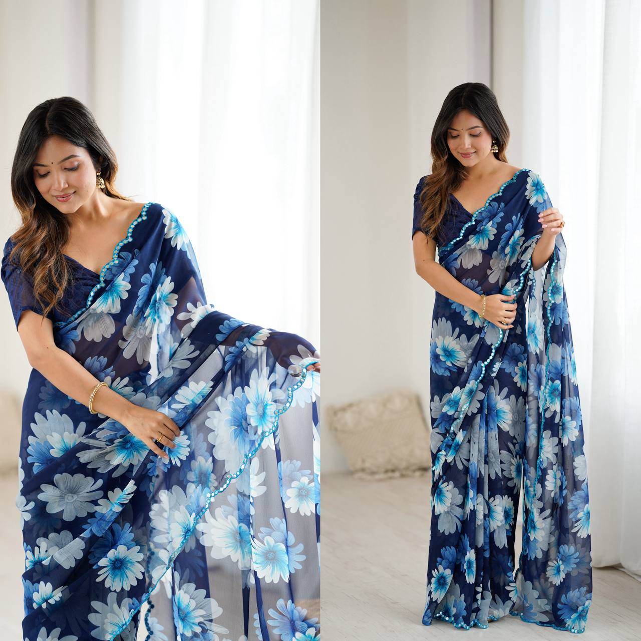 Floral Print Georgette Saree – Multicolor Elegance