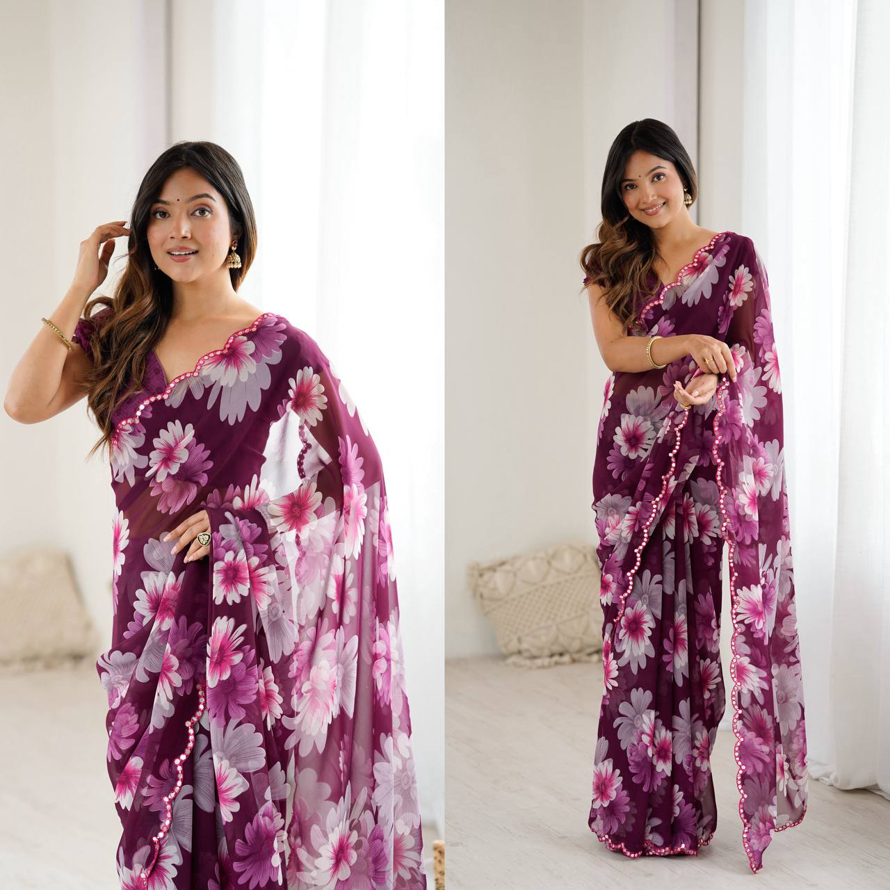 Floral Print Georgette Saree – Multicolor Elegance