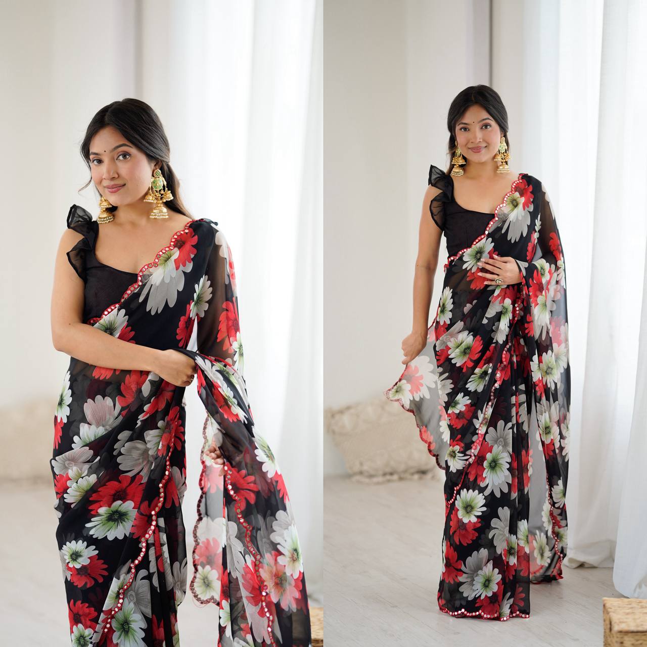 Floral Print Georgette Saree – Multicolor Elegance